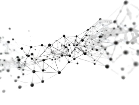Connected Network: An intricate, interconnected network of points and lines elegantly weaves across the scene, symbolizing complex connectivity and data flow.