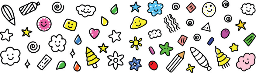 Vector art of a collection of cute and colorful handdrawn doodles isolated on transparent background
