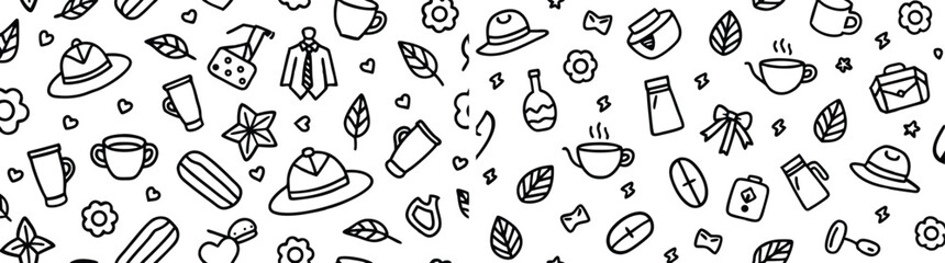 Vector art of a seamless pattern of black and white tea and coffee related doodles isolated on transparent background