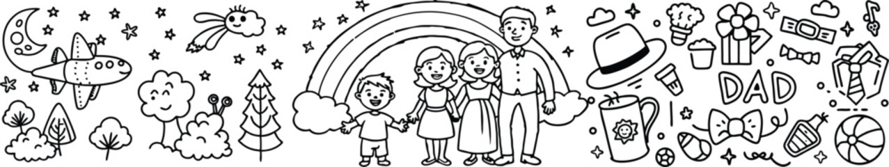 Vector art of a happy family with gifts and a rainbow in a handdrawn illustration isolated on transparent background