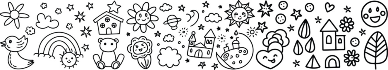 Vector art of a cheerful collection of cute handdrawn elements including animals and nature isolated on transparent background