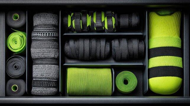 Open gym drawer with fitness tools like knee sleeves and bands