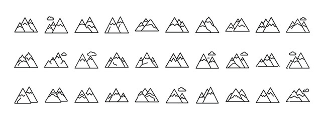 Mountain Icon Set. Containing peak, nature, hiking, travel, landscape, outdoor, rock, mountain range, and adventure icons. Solid icon collection.