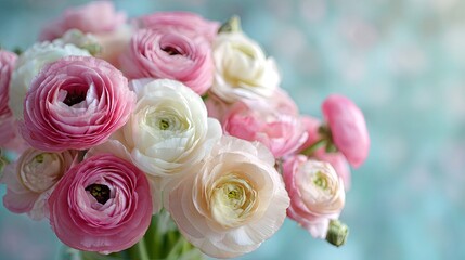 Obraz premium Elegant pink and white ranunculus flower bouquet centerpiece in soft natural light, surrounded by delicate petals, with a dreamy pastel blurred background and shallow depth of field