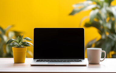 Fototapeta premium Photo of laptop, plant, and coffee mug sit on a desk