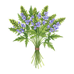 Obraz premium Watercolor Flower Bouquet with Purple Blooms and Green Leaves on transparent background