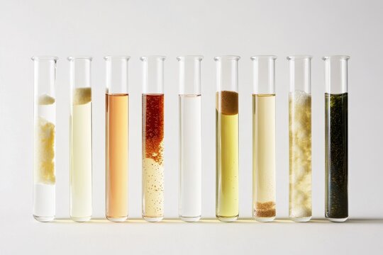 Various natural extracts and powdered substances in transparent glass test tubes arranged in a row on white background. Studio laboratory composition for skincare, wellness, and cosmetic science.