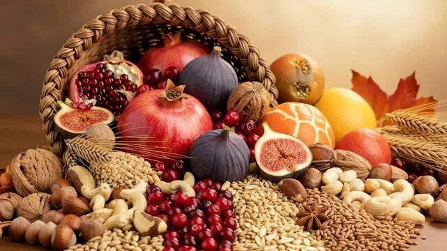 Abundant cornucopia overflowing with fresh fruits, nuts, and grains, symbolizing harvest, prosperity, and the festive spirit of Thanksgiving or autumn 