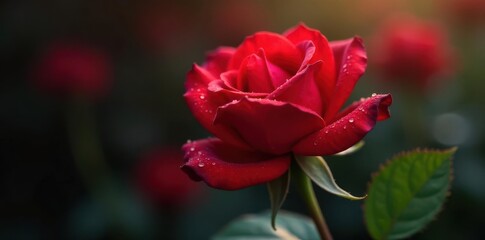 A single red rose, petals soft focus, dew drops , valentines, rose