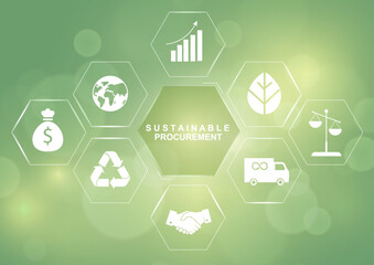 Sustainable procurement hexagon infographic with icons on green background. ESG business strategy perfect for corporate sustainability presentations and supply chain management. Vector illustration