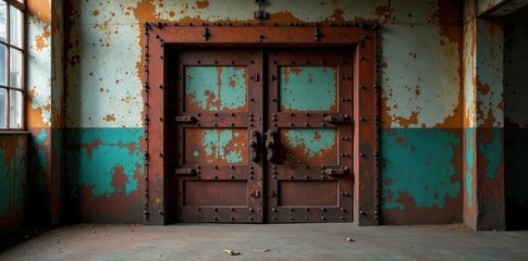 Double iron doors, dirty, rusted, abandoned factory, steampunk backdrop , steampunk, grunge, gates