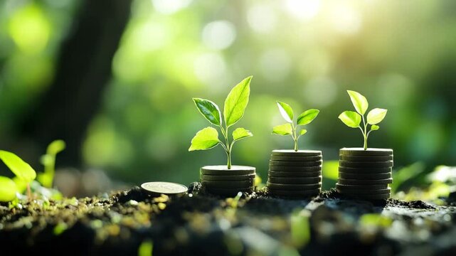 Seedlings grow from stacks of coins. One coin lies flat on the soil. Bright sunlight streams through the lush green garden backdrop, creating a hopeful, financial future