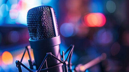 Close-up image of microphone in podcast studio.