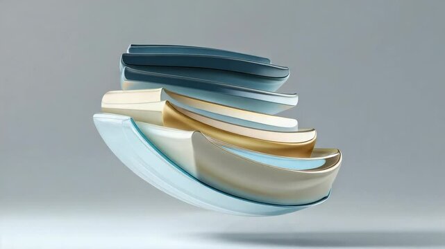 Rising translucent curved slabs responding to animation in studio, rotating and nesting into stack - Powered by Adobe