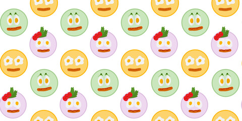 Fried egg and Boiled Eggs like smile emoticon on plate Seamless Pattern Motivation Cards Background