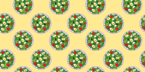 Hard Boiled Egg slices and Vegetables Salad Seamless Pattern Healthy Food Banner or leaflet Backdrop