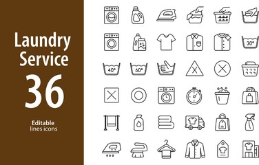 Laundry Service Line Icons, Washing Machine, Iron, Detergent, Dry Cleaning, Clothes Hanger, Basket,...