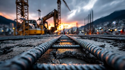 Steel reinforcement rods and scaffolding on rooftop construction site under colorful sky --chaos 100  