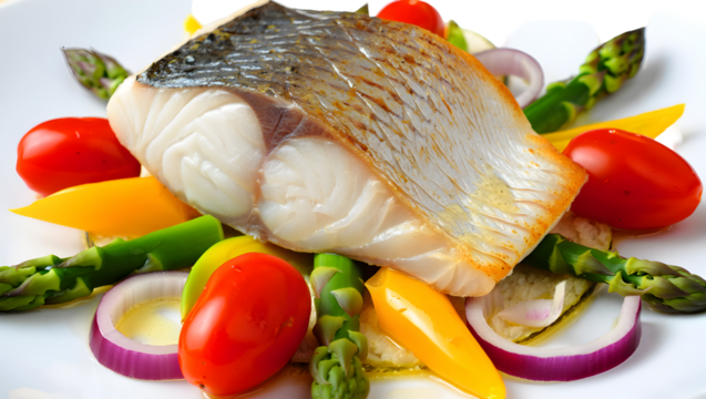 Cooked white fish fillet with asparagus tomatoes and bell pepper isolated on a transparent background