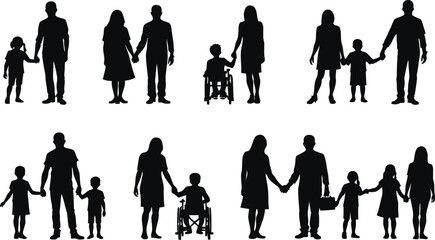 Diverse Family Silhouettes Parents and Children Holding Hands Including a Child in a Wheelchair
