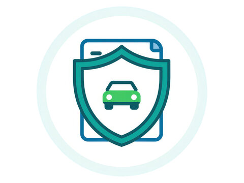 a simple flat 2d icon of a 'car insurance policy', with a simple document that has a car icon being protected by a large shield, minimalist design, solid blue and green colors, clean sharp lines