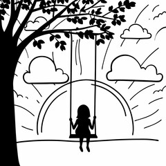 Child silhouette on tree swing black and white illustration with clouds and nature landscape coloring book style drawing