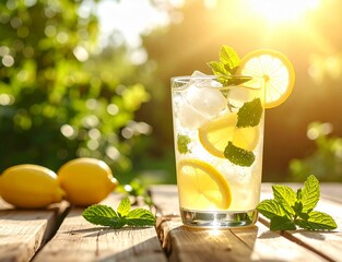 夏のレモネードとミントのドリンク(自然光・アウトドア)