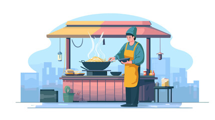 Street food vendor cooking at outdoor stall with wok, colorful vector illustration
