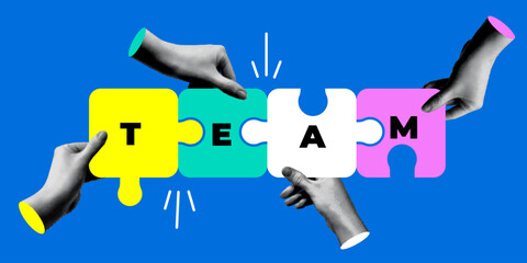 Halftone hands holding puzzle pieces with inscription Team. Concept of team building, teamwork. People connecting jigsaw puzzle elements. Collaboration of different people. Modern collage