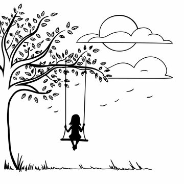 Child silhouette on tree swing under branches with clouds simple black and white line art illustration for coloring book pages