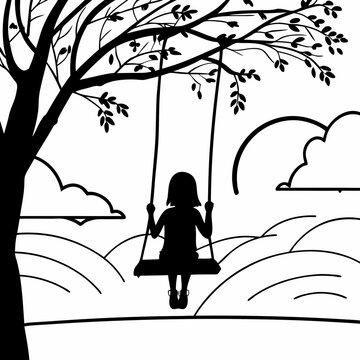 Girl on tree swing silhouette black and white illustration peaceful nature scene with clouds and landscape vector art