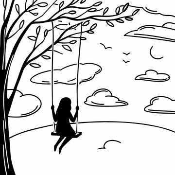 Child on swing under tree silhouette black and white illustration vector art peaceful outdoor scene childhood memories concept
