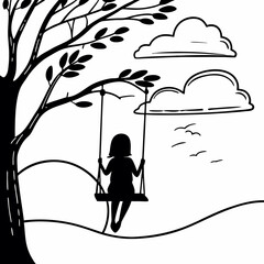 Little girl sitting alone under tree in peaceful countryside landscape black and white illustration vector art silhouette drawing