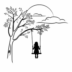 Simple line drawing of person on tree swing silhouette black and white minimalist nature illustration vector art design element