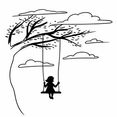Child silhouette on tree swing vector illustration black and white minimalist design nature outdoor play childhood memories