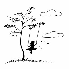 Child on tree swing silhouette black and white minimalist line art drawing peaceful outdoor nature scene childhood memories