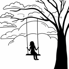 Child silhouette on tree swing under large tree with clouds simple black and white line art illustration for coloring book
