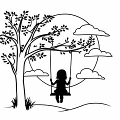 Child on tree swing silhouette vector illustration black and white simple drawing nature outdoor playground kids activity design