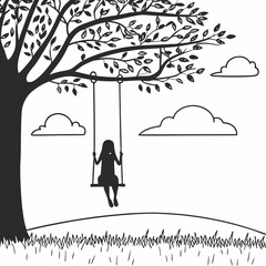 Child playing on tree swing in park black and white silhouette illustration with clouds and grass simple line art drawing