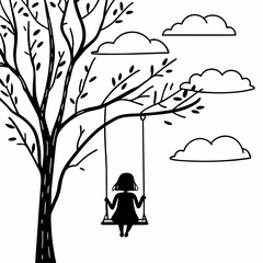 Simple line drawing of child on tree swing silhouette black and white minimal illustration for coloring book or kids activity