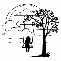 Child silhouette sitting under tree watching sunset landscape black and white line art illustration vector drawing nature scene