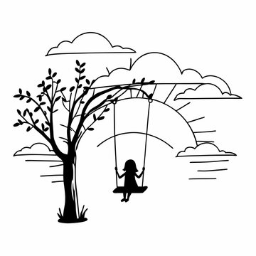 Child on tree swing silhouette black and white line art drawing peaceful nature scene with clouds simple illustration design