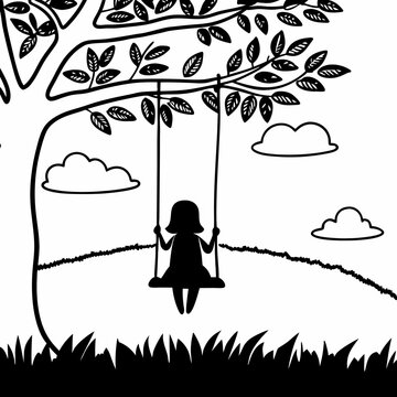 Child silhouette on tree swing under branches black and white illustration peaceful nature scene kids playing outdoors vector