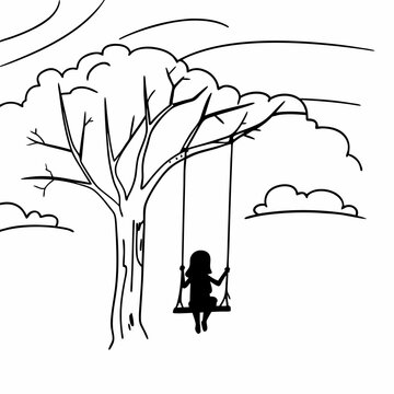Simple line drawing of child on tree swing black and white illustration coloring book page outdoor nature scene vector art