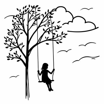 Child silhouette swinging on tree swing outdoor nature scene black and white line art illustration vector drawing simple design