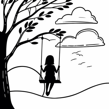 Little girl sitting alone under tree in peaceful countryside landscape black and white illustration vector art silhouette drawing