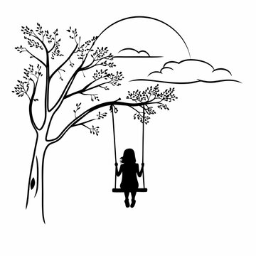 Simple line drawing of person on tree swing silhouette black and white minimalist nature illustration vector art design element