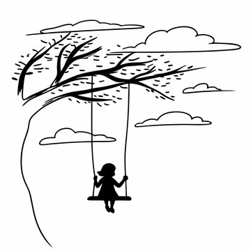 Child silhouette on tree swing vector illustration black and white minimalist design nature outdoor play childhood memories
