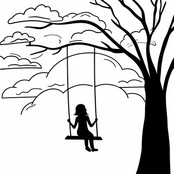 Child silhouette on tree swing under large tree with clouds simple black and white line art illustration for coloring book