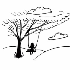 Simple black and white line drawing of child on tree swing under cloudy sky peaceful outdoor scene vector illustration